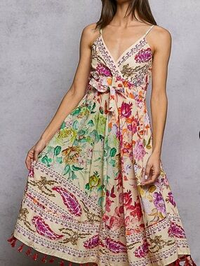 POL Cream Floral Tie-Waist Midi Dress with Pink & Green Accents